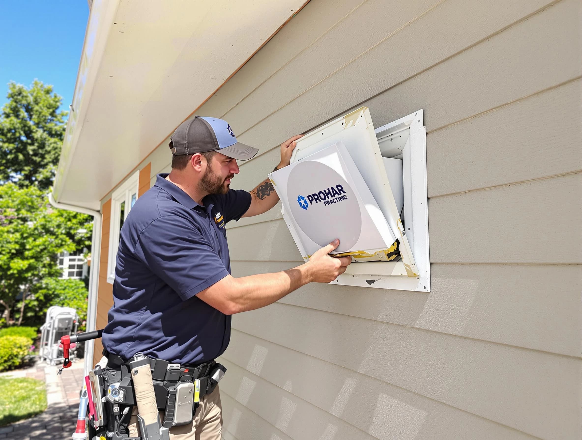 Fontana Dryer Vent Cleaning technician installing a new protective dryer vent cover on a home in Fontana