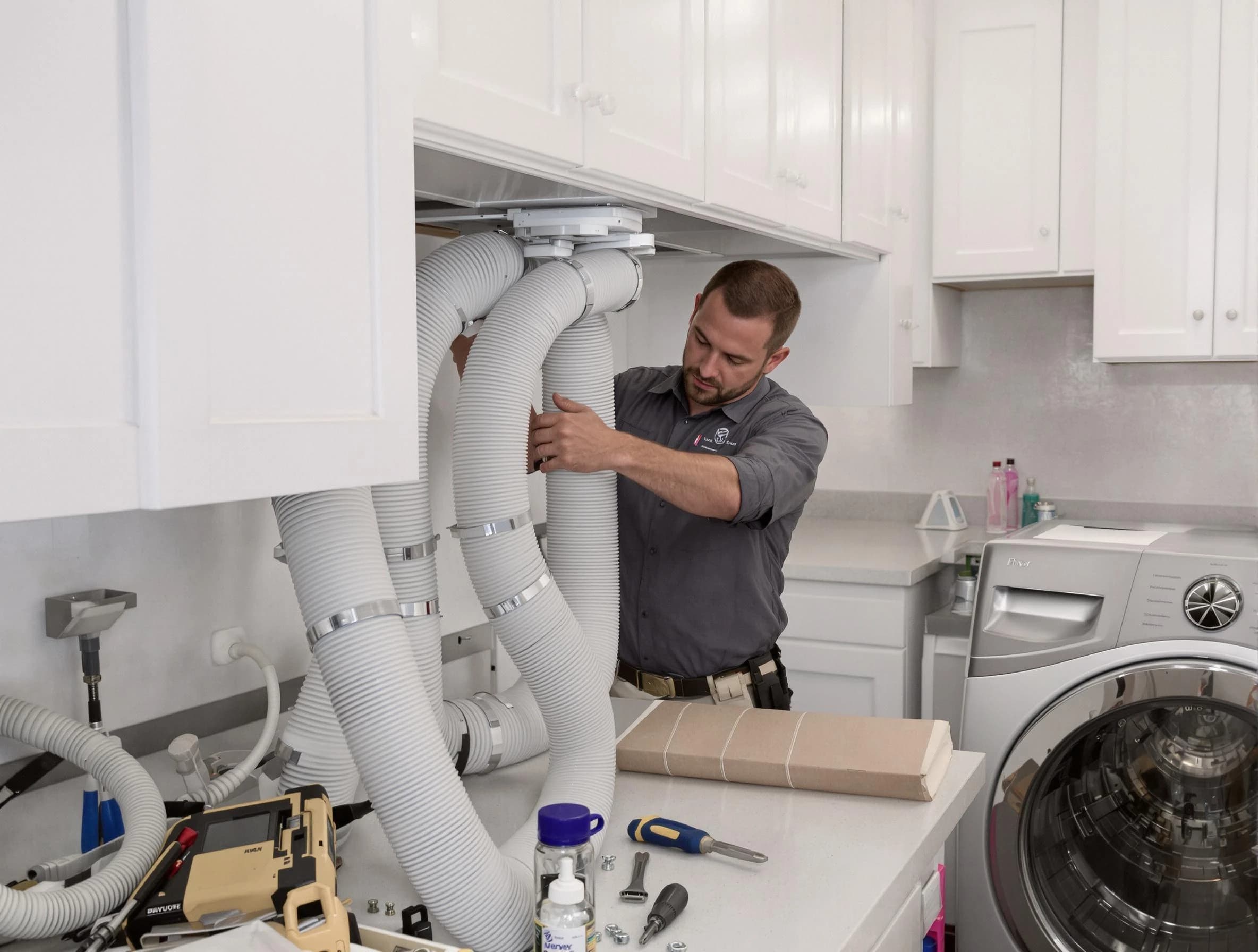 Fontana Dryer Vent Cleaning technician installing a new professional-grade dryer vent hose in Fontana