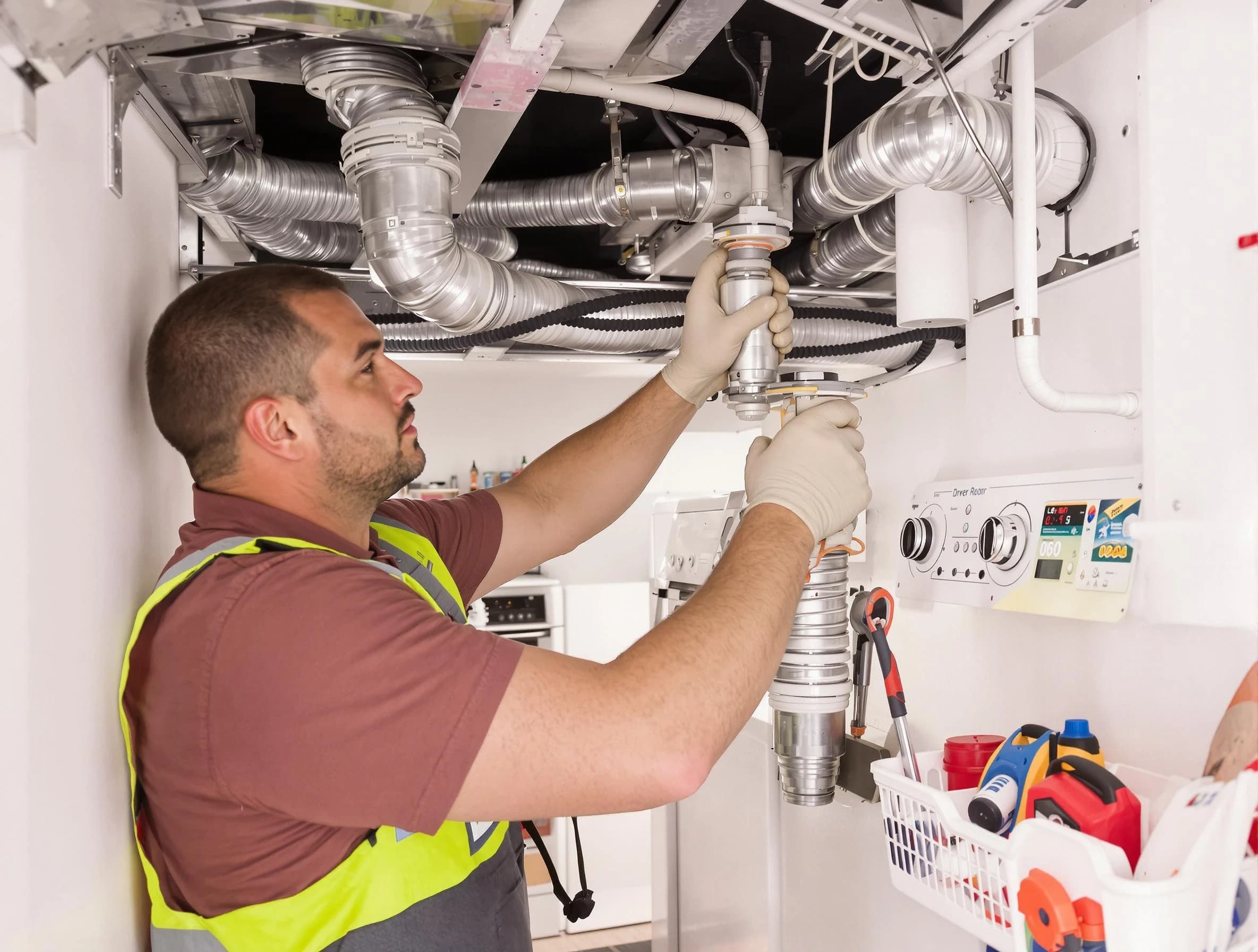 Fontana Dryer Vent Cleaning expert performing both repair and installation work on a dryer vent system in Fontana