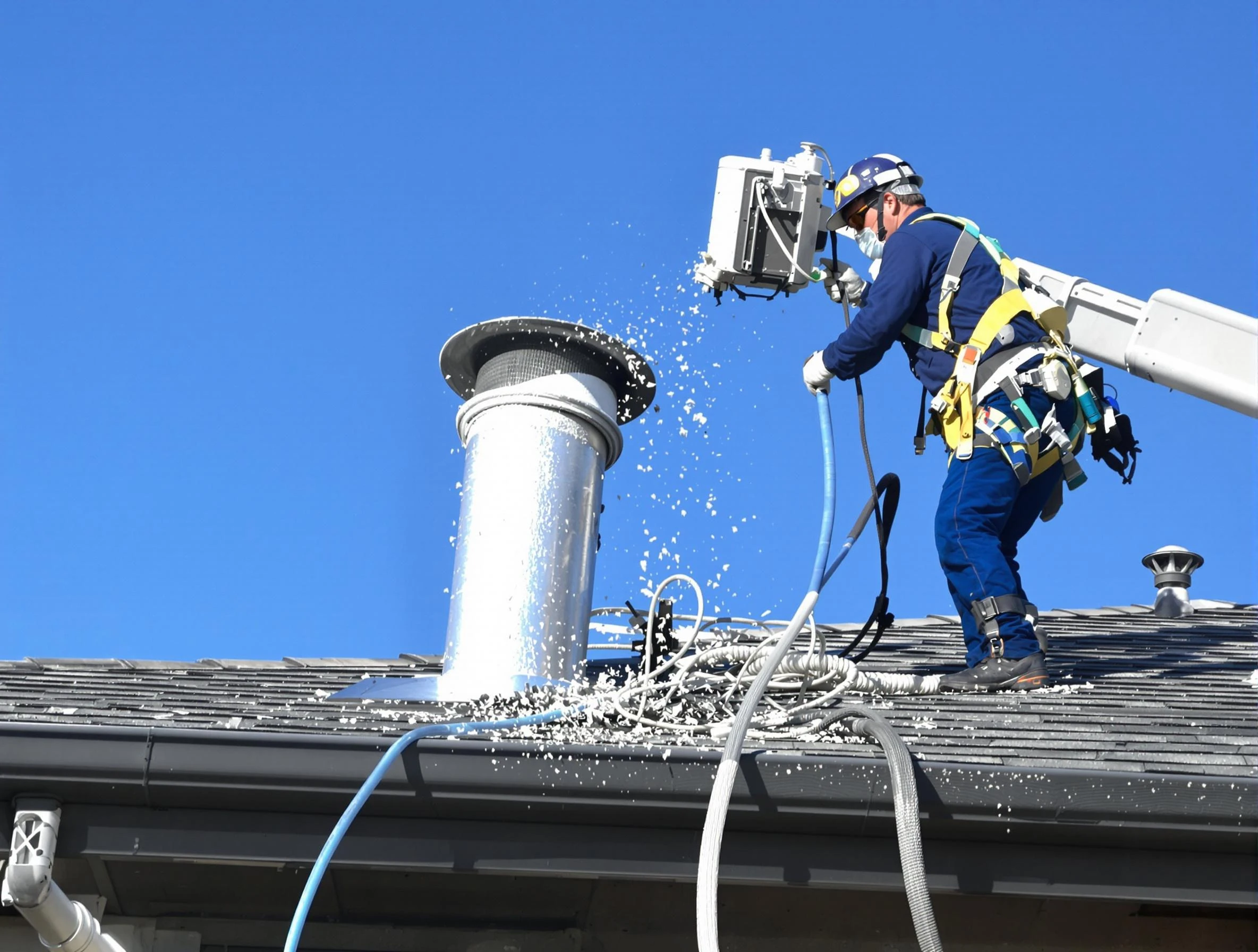 Fontana Dryer Vent Cleaning certified technician safely cleaning a roof-mounted dryer vent in Fontana