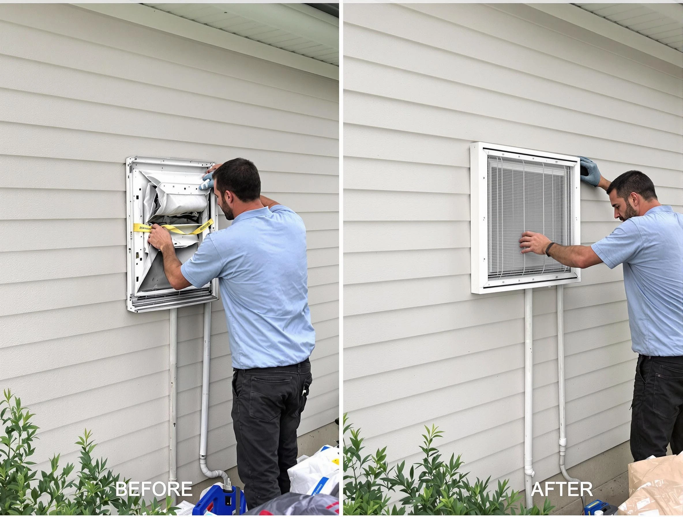 Fontana Dryer Vent Cleaning technician installing high-quality dryer vent cover at a residential property in Fontana